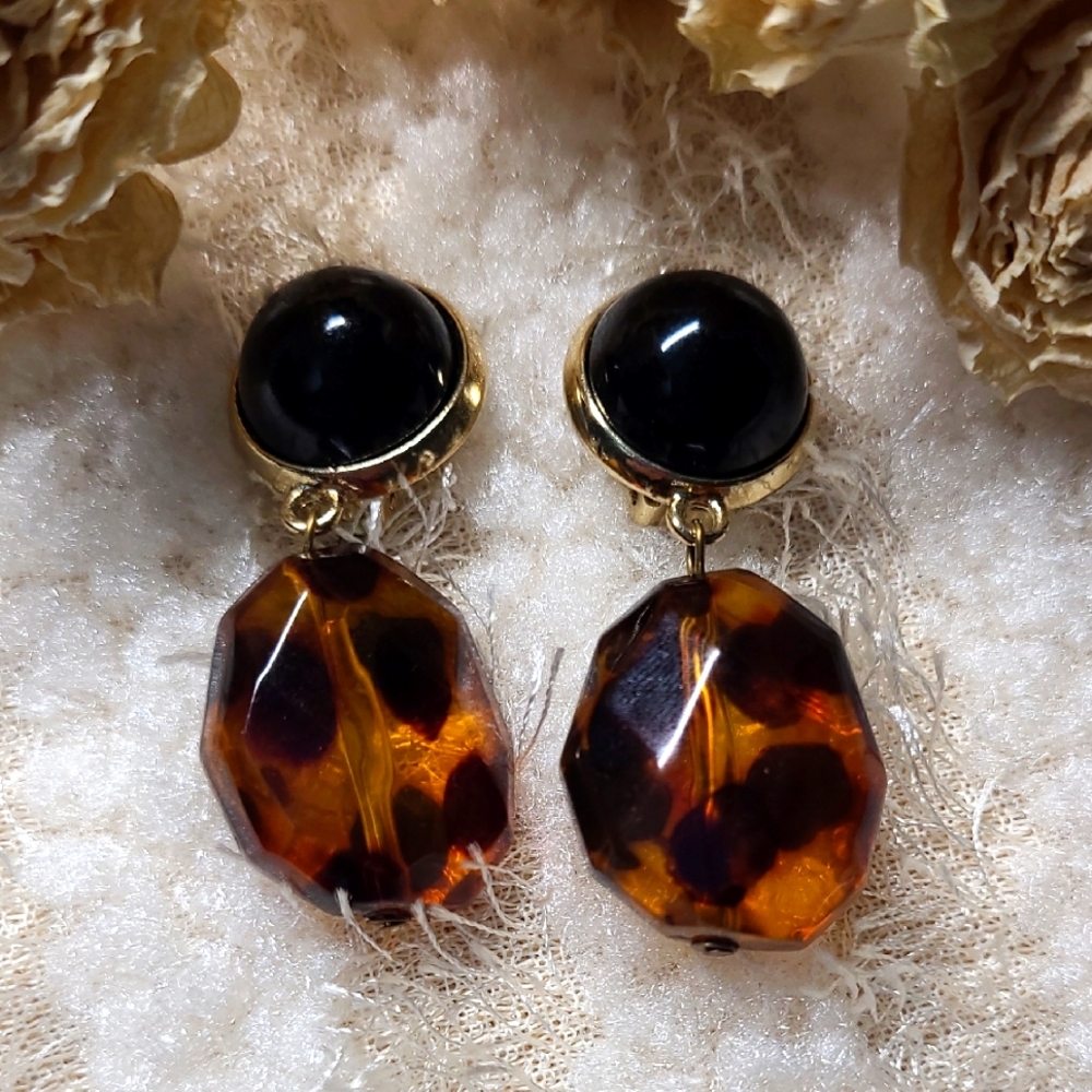 Dangle Drop Earrings Tiger Eye Chunky Clip On Amber Black Goldtone Statement